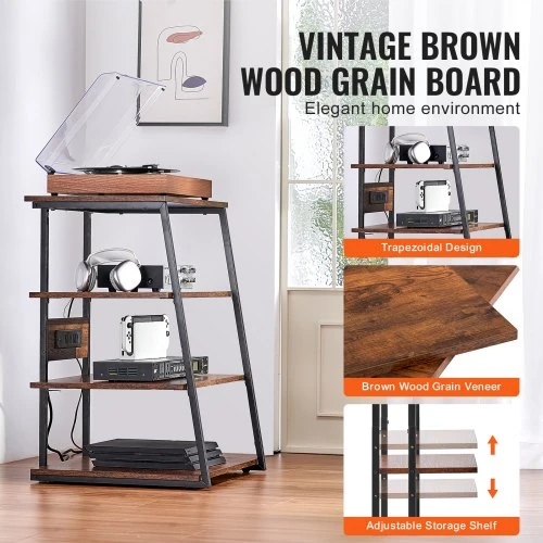 VEVOR 4 lygių AV medijos stovas su maitinimo juostomis, kampinis TV staliukas su LED apšvietimu, reguliuojamos lentynos, rudas