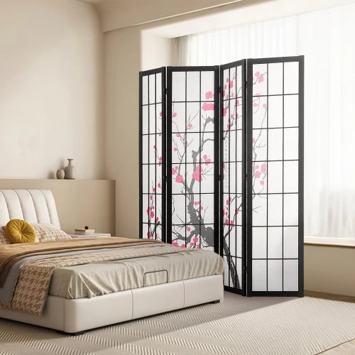 VEVOR 4 panelių japoniška kambario pertvara, sulankstoma medinė privatumo sienelė, juodas rėmas, vyšnių žiedų raštas