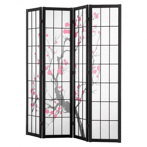 VEVOR 4 panelių japoniška kambario pertvara, sulankstoma medinė privatumo sienelė, juodas rėmas, vyšnių žiedų raštas