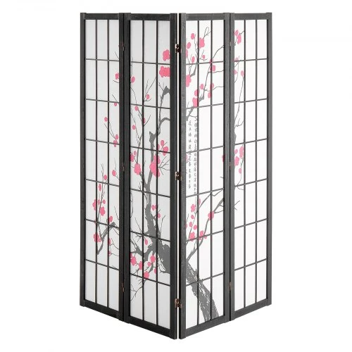 VEVOR 4 panelių japoniška kambario pertvara, sulankstoma medinė privatumo sienelė, juodas rėmas, vyšnių žiedų raštas