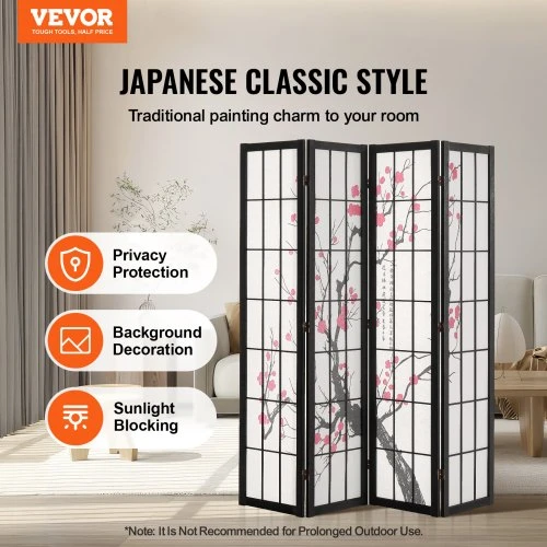 VEVOR 4 panelių japoniška kambario pertvara, sulankstoma medinė privatumo sienelė, juodas rėmas, vyšnių žiedų raštas