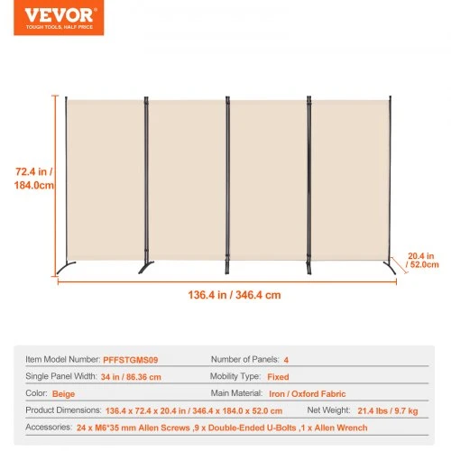 VEVOR 4 panelių kambario pertvara, sulankstoma privatumo širma, smėlio spalvos