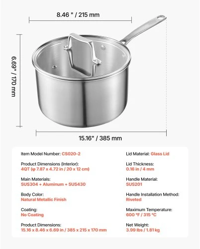 Koduva VEVOR 4 QT nerūdijančio plieno puodas su stiklo dangčiu, daugiafunkcis, tinkamas orkaitei, indaplovei ir indukcinei viryklei