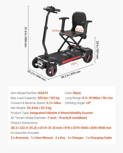 VEVOR 4 ratų elektrinis mobilumo skuteris suaugusiems ir senjorams, sulankstomas, 15 km, 9° įkalnė, 120 kg