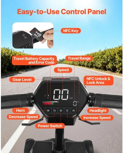 VEVOR 4 ratų elektrinis mobilumo skuteris su automatiniu sulankstymu, nuotoliniu valdymu, NFC raktais, 120 kg