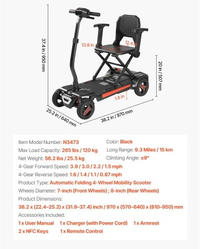 VEVOR 4 ratų elektrinis mobilumo skuteris su automatiniu sulankstymu, nuotoliniu valdymu, NFC raktais, 120 kg