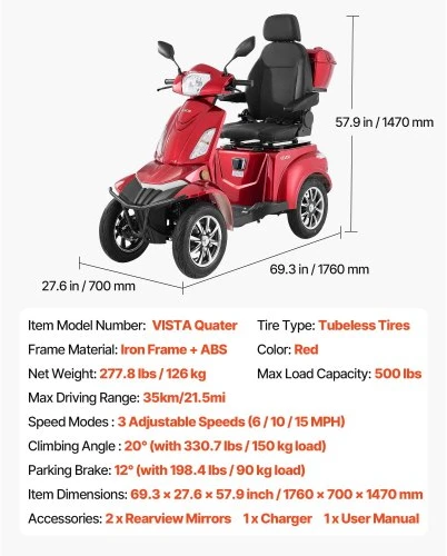 VEVOR 4 ratų mobilumo paspirtukas VISTA Quater, 500 lb, 35 km, 3 greičiai, 1000 W, raudonas