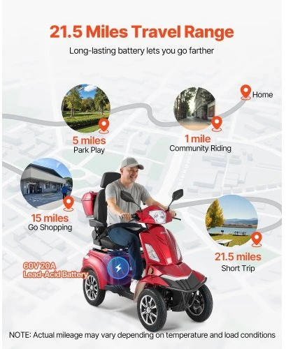 VEVOR 4 ratų mobilumo paspirtukas VISTA Quater, 500 lb, 35 km, 3 greičiai, 1000 W, raudonas