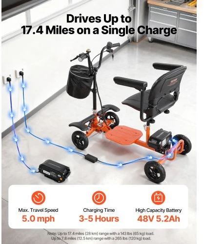 VEVOR 4 ratų sulankstomas elektrinis mobilumo vežimėlis su 48 V ličio baterija, iki 120 kg, oranžinis