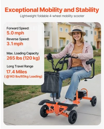 VEVOR 4 ratų sulankstomas elektrinis mobilumo vežimėlis su 48 V ličio baterija, iki 120 kg, oranžinis