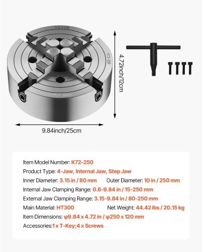 VEVOR 4 žandų tekinimo griebtuvas, 10 in (250 mm), K72 250