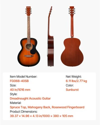 Koduva VEVOR 40 colių dreadnought akustinė gitara pradedantiesiems, sunburst, su gig bag