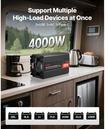 VEVOR 4000 W galios keitiklis, 12 V DC į 230 V AC, grynos sinusoidės, LCD ekranas, nuotolinio valdymo pultas, USB, Type-C