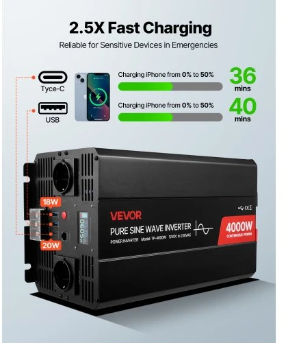 VEVOR 4000 W galios keitiklis, 12 V DC į 230 V AC, grynos sinusoidės, LCD ekranas, nuotolinio valdymo pultas, USB, Type-C