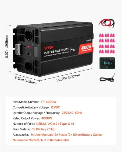 VEVOR 4000 W galios keitiklis, 12 V DC į 230 V AC, grynos sinusoidės, LCD ekranas, nuotolinio valdymo pultas, USB, Type-C