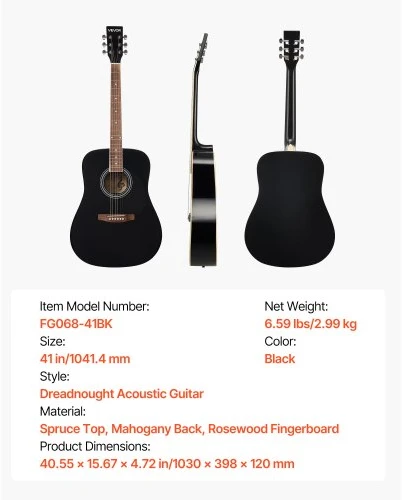 Koduva VEVOR 41 col. dreadnought akustinė gitara pradedančiųjų rinkinys, juoda