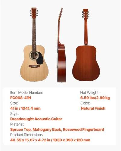 Koduva VEVOR 41 col. dreadnought akustinė gitara, natūrali, pradedančiųjų rinkinys su krepšiu