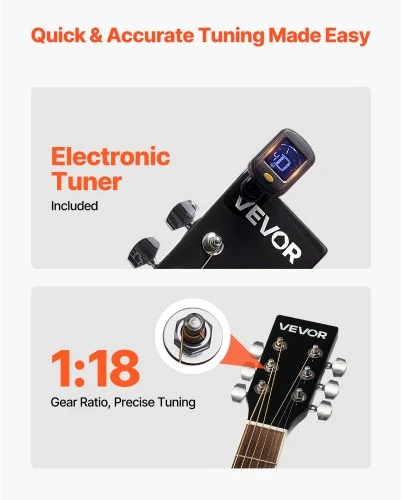 VEVOR 41 colių akustinė gitara, cutaway, juoda, rinkinys su krepšiu