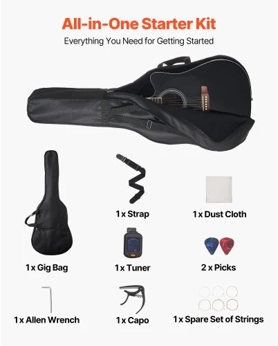 VEVOR 41 colių akustinė gitara, cutaway, juoda, rinkinys su krepšiu