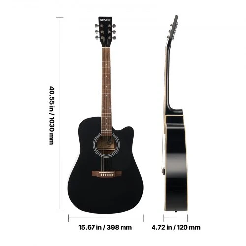 VEVOR 41 colių akustinė gitara, cutaway, juoda, rinkinys su krepšiu