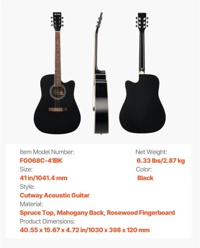 VEVOR 41 colių akustinė gitara, cutaway, juoda, rinkinys su krepšiu