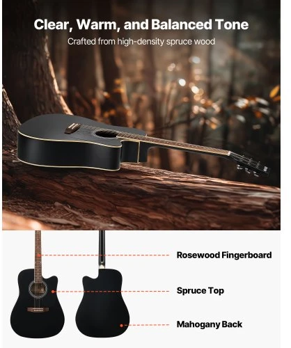 VEVOR 41 colių akustinė gitara, cutaway, juoda, rinkinys su krepšiu