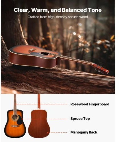 Koduva VEVOR 41 in akustinė „dreadnought“ gitara pradedančiųjų rinkinys, su dėklu, „Sunburst“