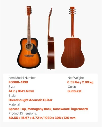 Koduva VEVOR 41 in akustinė „dreadnought“ gitara pradedančiųjų rinkinys, su dėklu, „Sunburst“