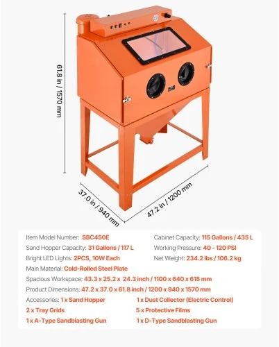 Koduva VEVOR 435 l smėliavimo kabinetas, plieno su dviem smėliavimo pistoletais, 117 l media bunkeriu ir 1200 W dulkių rinktuvu