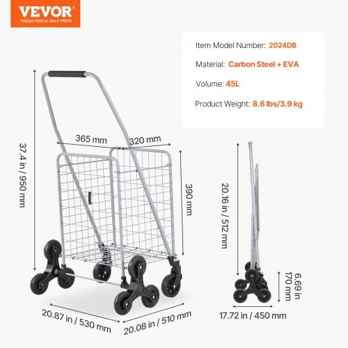 Koduva VEVOR 45 l apsipirkimo vežimėlis laiptams, sulankstomas, su 360° pasukamais ratukais, sidabrinis