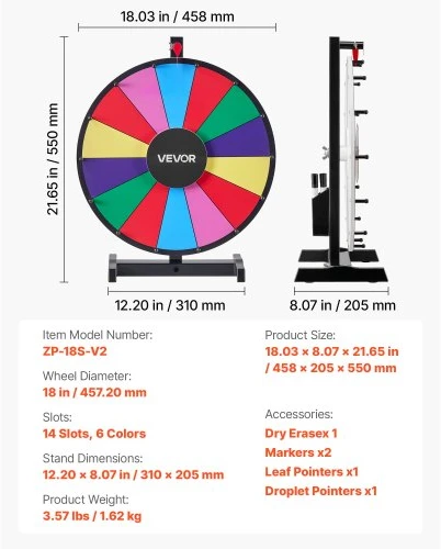 VEVOR 457 mm sukimo prizų ratas, 14 skyrių, su stovu, stalinis, 6 spalvos