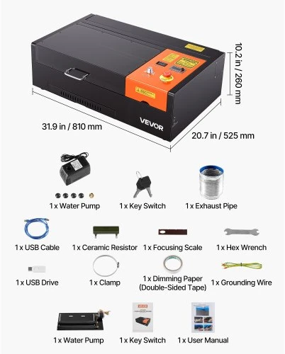 Koduva VEVOR 45W CO2 lazerinis graviravimo įrenginys, 300 x 200 mm, su rotacine ašimi ir oro pagalba