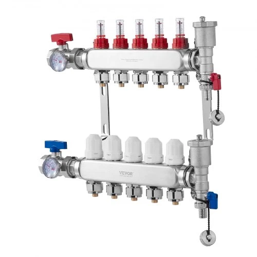 Koduva VEVOR 5 atšakų spindulinio šildymo kolektorius, 1/2" PEX, nerūdijančio plieno