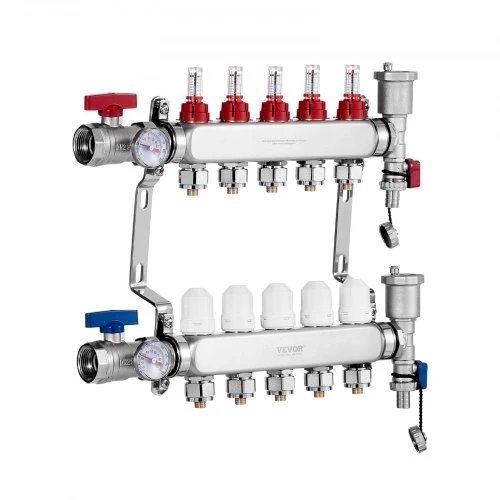 Koduva VEVOR 5 atšakų spindulinio šildymo kolektorius, 1/2" PEX, nerūdijančio plieno