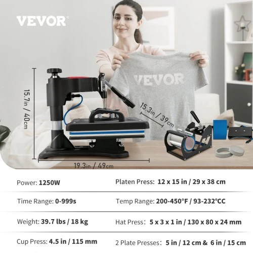 Koduva VEVOR 5 in 1 termo preso mašina 30,48 x 38,1 cm, „Clamshell“, 1250 W