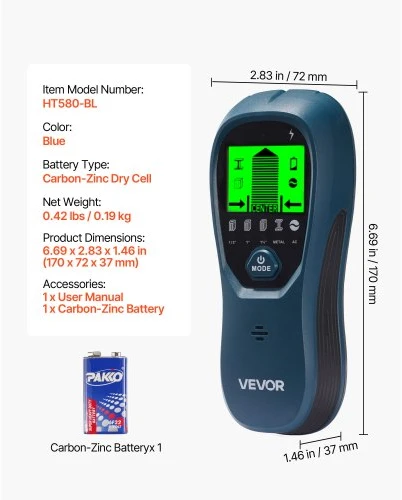 VEVOR 5 viename sienų skeneris smeigių ieškiklis, elektroninis, su LCD ekranu ir garso signalu, mėlynas