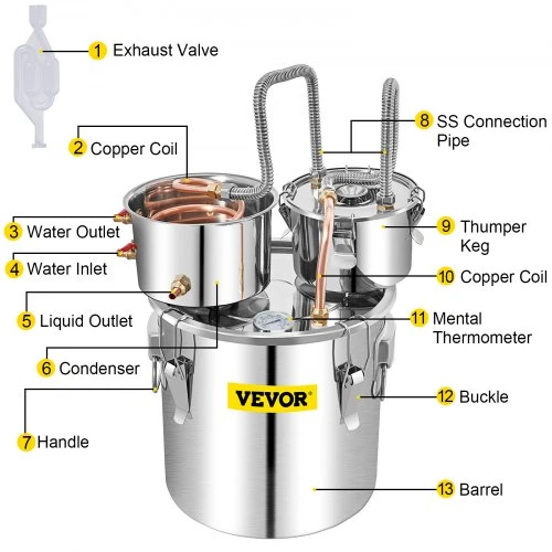 VEVOR 50 L alkoholio distiliavimo aparatas su kondensatoriumi ir thumper keg, su termometru