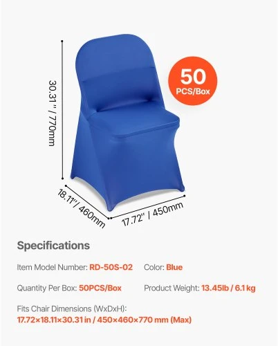 VEVOR 50 vnt. mėlyni kėdžių užvalkalai, tamprūs poliesterio ir spandekso, iki 17,72 x 18,11 x 30,31 col.