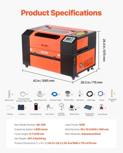Koduva VEVOR 50 W CO2 lazerinis graviravimo ir pjovimo įrenginys, 500 x 300 mm