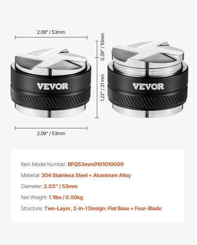 VEVOR 53 mm kavos paskirstytuvas ir tampavimo įrankis, reguliuojamas, 2 viename