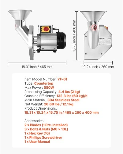 VEVOR 550 W elektrinis vaisių ir obuolių traiškytuvas, SUS304 stalinis, 60 kg/val.