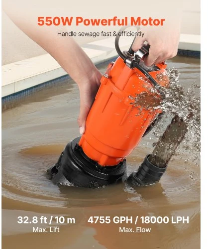 VEVOR 550 W panardinamas dumblo siurblys, 18000 l/h, ketaus, 2 col. išleidimas, 10 m kėlimo aukštis