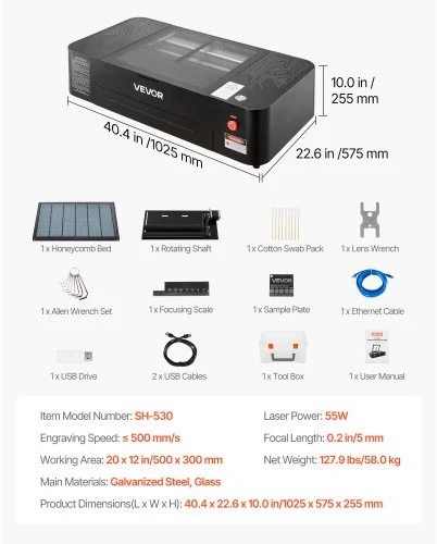 Koduva VEVOR 55W CO2 lazerinis graviravimo ir pjovimo įrenginys, 500 x 300 mm, stalinis su 16 MP kamera, vandens pompa ir sukamuoju ašimi