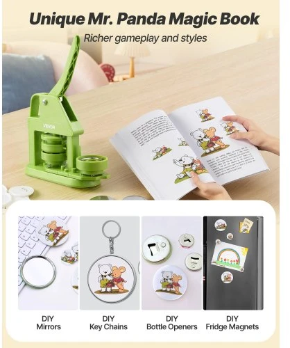 Koduva VEVOR 58 mm ženkliukų gaminimo aparatas su 100 vnt. detalėmis, Mr. Panda Magic Book, pjovikliu ir šešiakampiais raktais