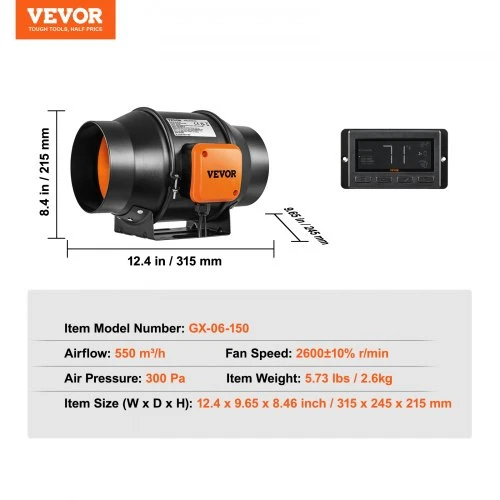 Koduva VEVOR 6 colių inline duct ventiliatorius 402 CFM su temperatūros ir drėgmės valdikliu