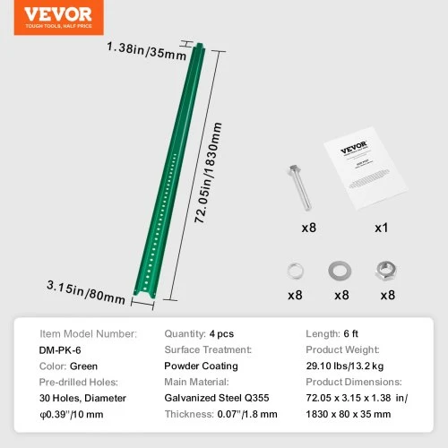 VEVOR 6 ft U-formos ženklo stulpas, 4 vnt., žalias, plieno