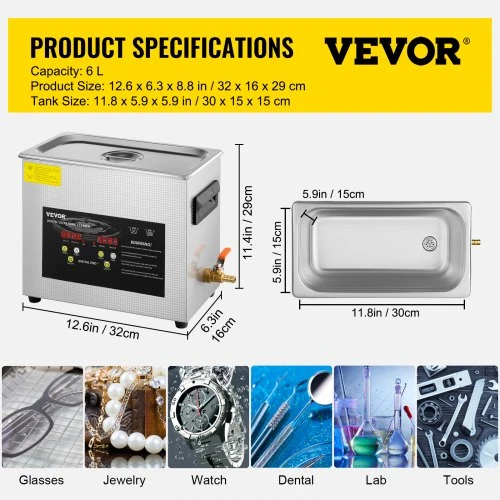 VEVOR 6 l ultragarsinis valiklis, MH-031HJ, 180 W, 40 kHz