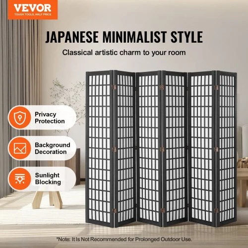VEVOR 6 panelių japoniška kambario pertvara, sulankstoma privatumo uždanga, juoda