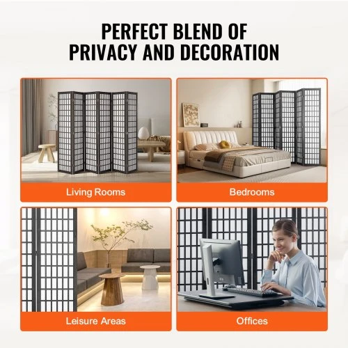 VEVOR 6 panelių japoniška kambario pertvara, sulankstoma privatumo uždanga, juoda