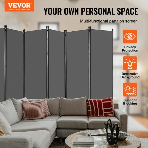 VEVOR 6 panelių kambario pertvara, sulankstoma privatumo užuolaida, pilka